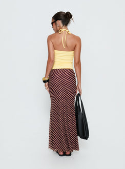 back view of model wearing Princess Polly Caviar Tie Maxi Skirt Brown Stripe Maxi Skirts 