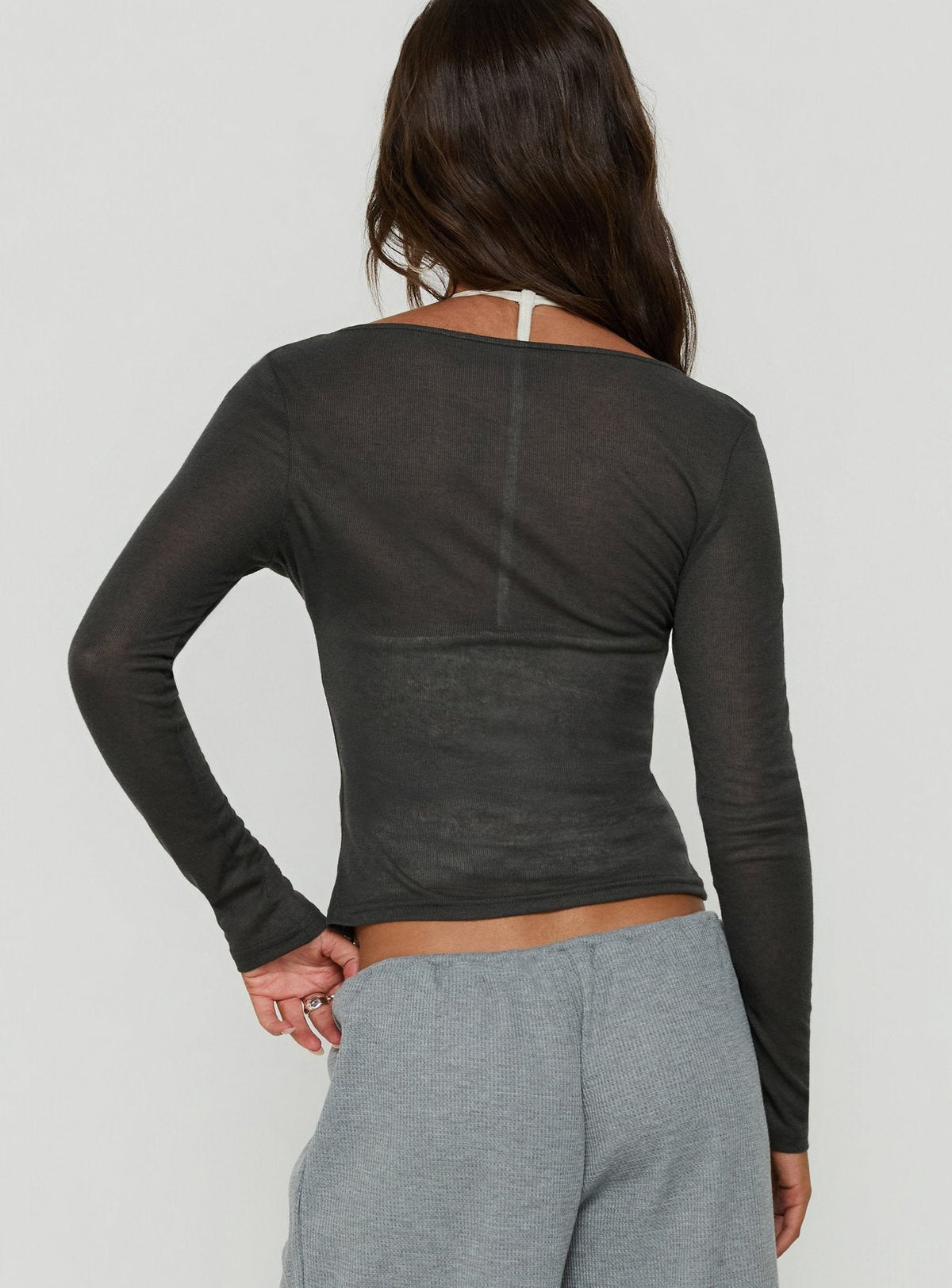 Kaiyah Sheer V Neck Long Sleeve Top Slate