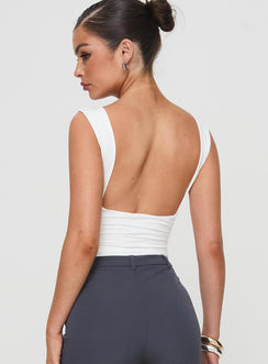 back view of model wearing Princess Polly Klaude Bodysuit White Sleeveless Plunger 