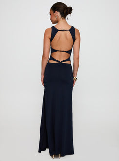 back view of model wearing Princess Polly Undeniable Cut Out Maxi Dress Navy High Neck 