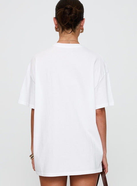 back view of model wearing Princess Polly Love From Tuscany Oversized Graphic Top White Half Sleeves Crew Neck 