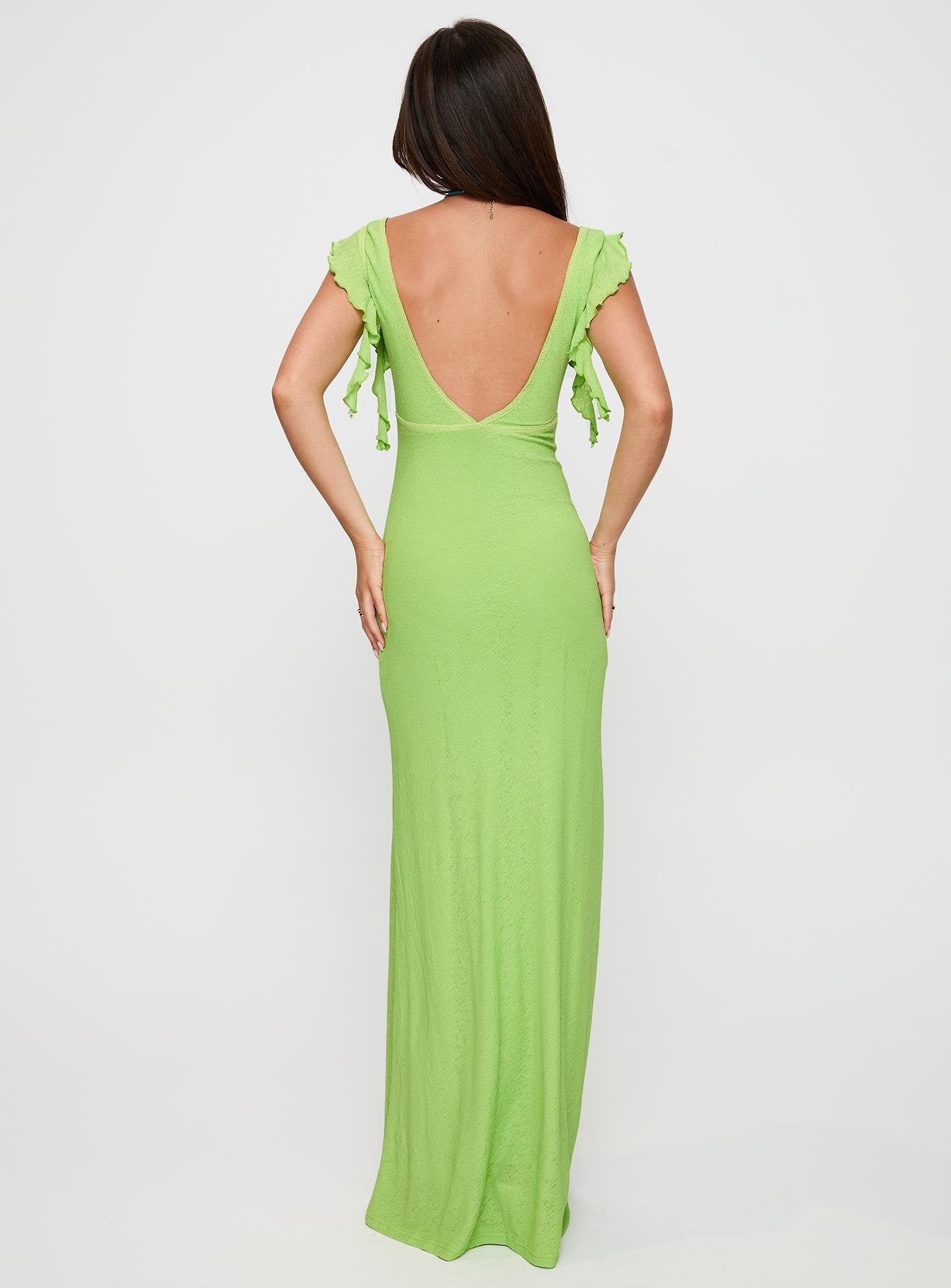 back view of model wearing Princess Polly Soleila Maxi Dress Green Tonal Plunger 