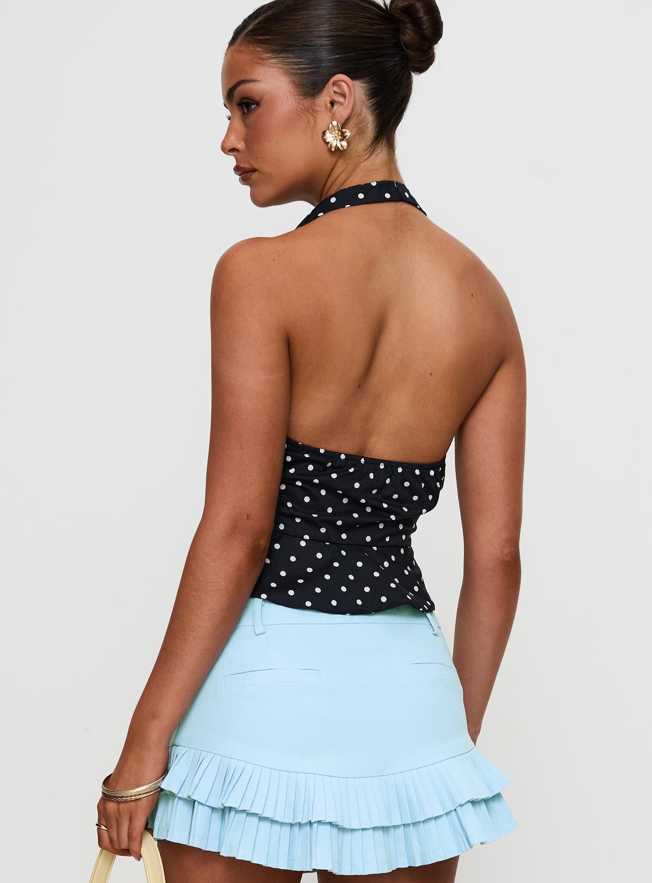 back view of model wearing Princess Polly Pleasing Top Polka Dot Sleeveless Plunger 