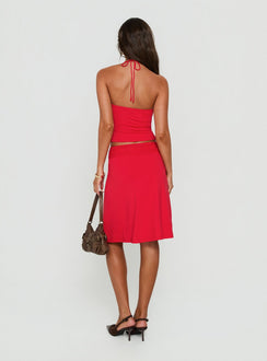 Zenaide Lace Detail Midi Skirt Red