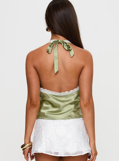 back view of model wearing Princess Polly Bimbette Halter Cami Top Green Sleeveless Plunger 