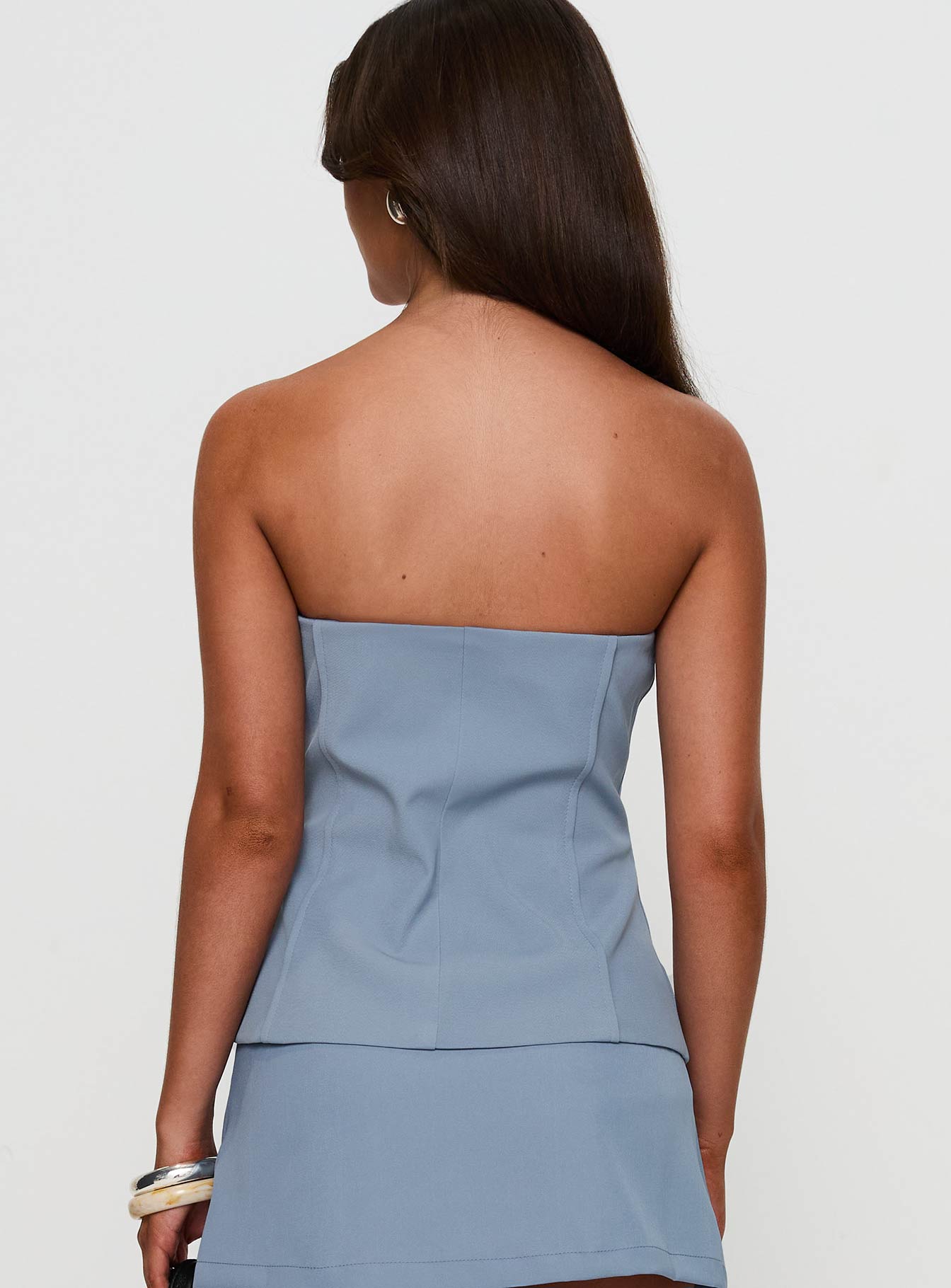 back view of model wearing Princess Polly Lavish Living Strapless Top Blue Sleeveless straight 