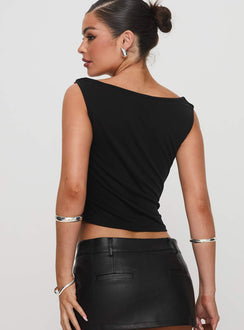 back view of model wearing Princess Polly Quincey Cowl Neck Top Black Sleeveless Cowl 