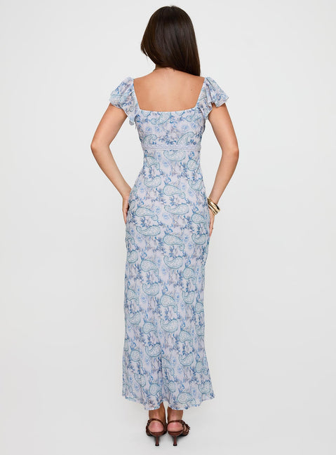 back view of model wearing Princess Polly Dahleia Maxi Dress Blue Paisley V-Neck 