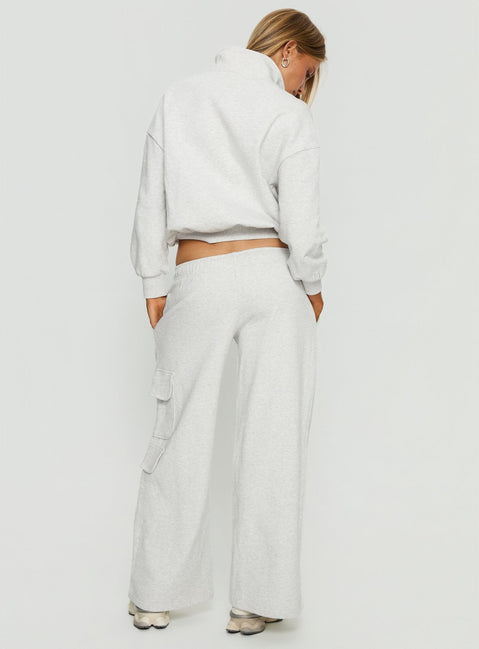 back view of model wearing Princess Polly Rozanna Cargo Sweat Pants Grey Marle Mid Rise Pants 