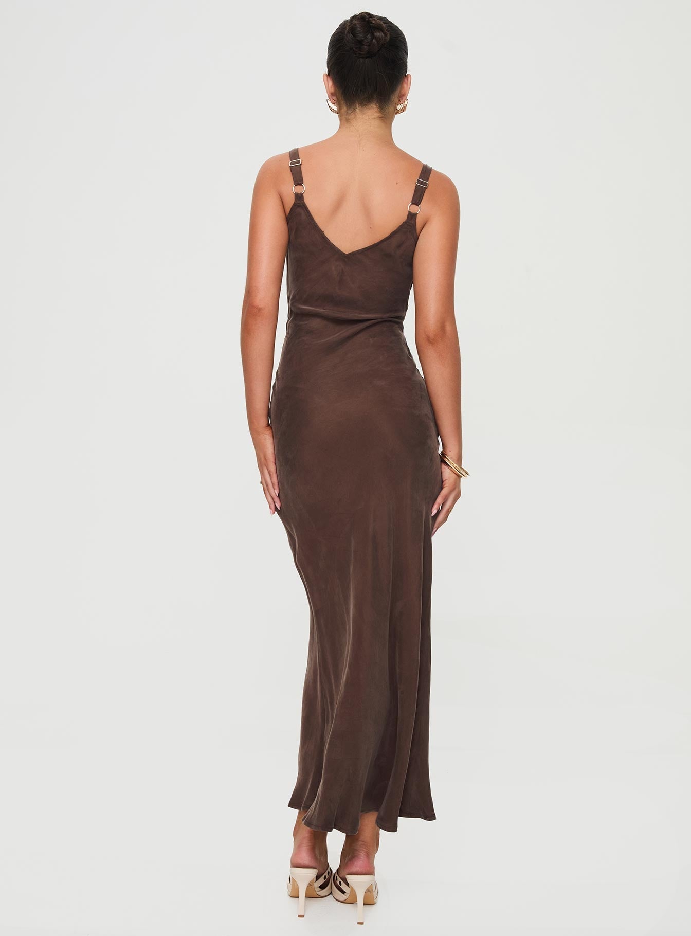 back view of model wearing Princess Polly Laurette Maxi Dress Brown Plunger 