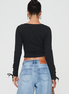 Long sleeve top Scooped neckline, lace up front and cuffs with tie fastening, silver-toned eyelets Good stretch, unlined 