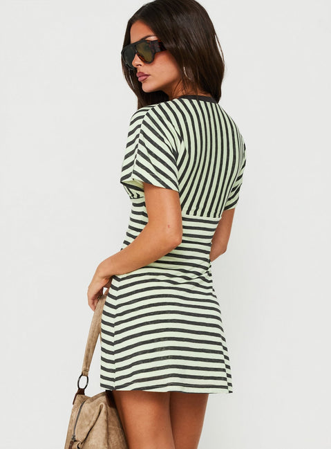 Arialla V Neck Short Sleeve Mini Dress Green / Charcoal Stripe