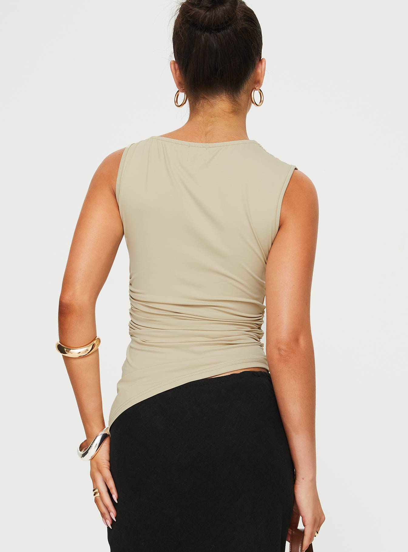 back view of model wearing Princess Polly Jassie Top Beige Sleeveless Asymmetric Neckline 