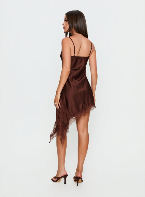 Malakhai Lace Asymmetrical Mini Dress Chocolate