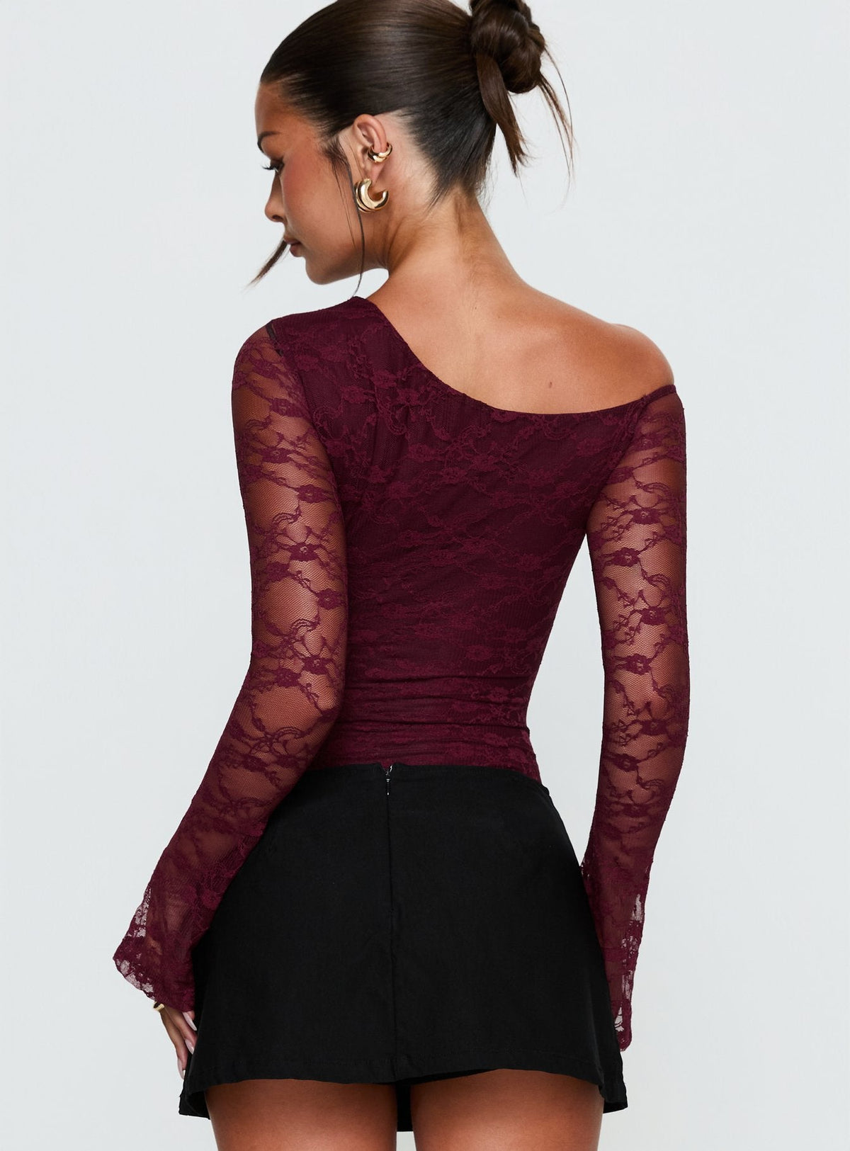 back view of model wearing Princess Polly Macaria Long Sleeve Lace Bodysuit Red Long Sleeve Tops Bodysuit 