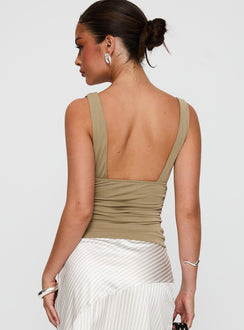 back view of model wearing Princess Polly Sublime Ruched Top Green Sleeveless Plunger 