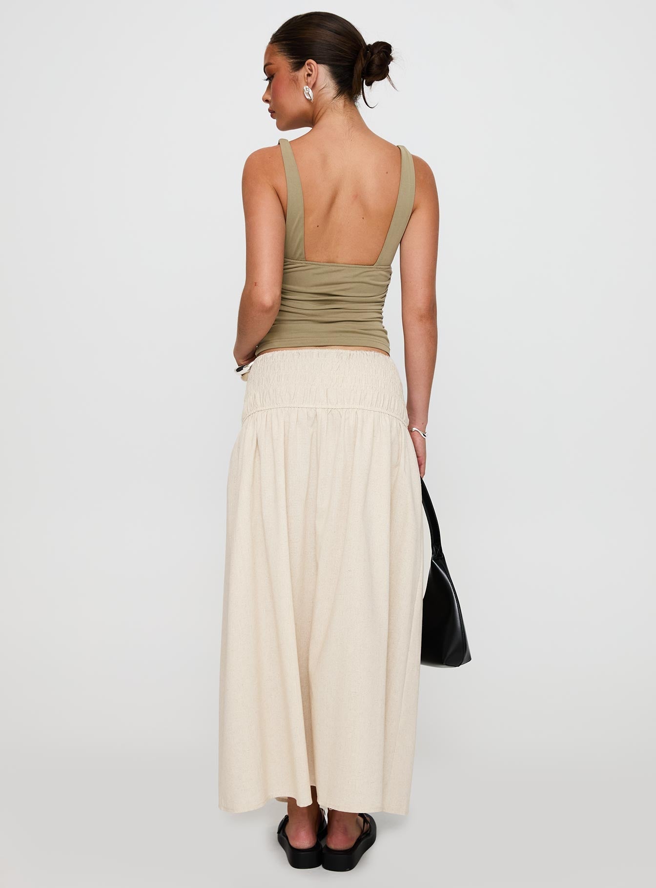 back view of model wearing Princess Polly Small Towns Shirred Midi Skirt Beige Maxi 