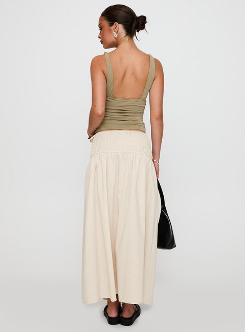 back view of model wearing Princess Polly Small Towns Shirred Midi Skirt Beige Maxi 