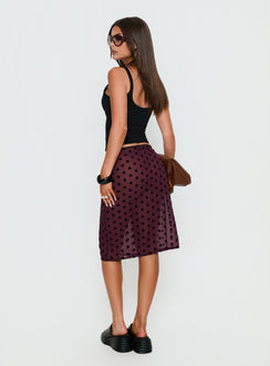 back view of model wearing Princess Polly Evani Sheer Chiffon Midi Skirt Polka Maroon Midi Skirts 