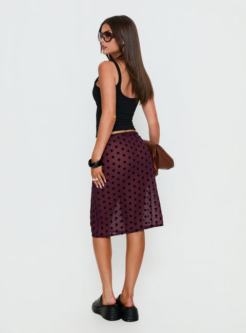 back view of model wearing Princess Polly Evani Sheer Chiffon Midi Skirt Polka Maroon Midi Skirts 