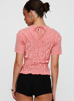 back view of model wearing Princess Polly Maybe Tomorrow Ruched Top Red Check Short Sleeves High Neck 