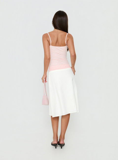 Wearing the Such Delight Linen Midi Skirt in white for womens-skirts, featuring a fitted aline shape back view of model wearing Princess Polly