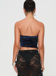 Strapless top Velvet floral print, inner silicone strip at bust, ruching at side asymmetric hem Good stretch, fully lined