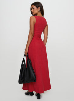 back view of model wearing Princess Polly Lewisa Maxi Dress Red Boat Neck 