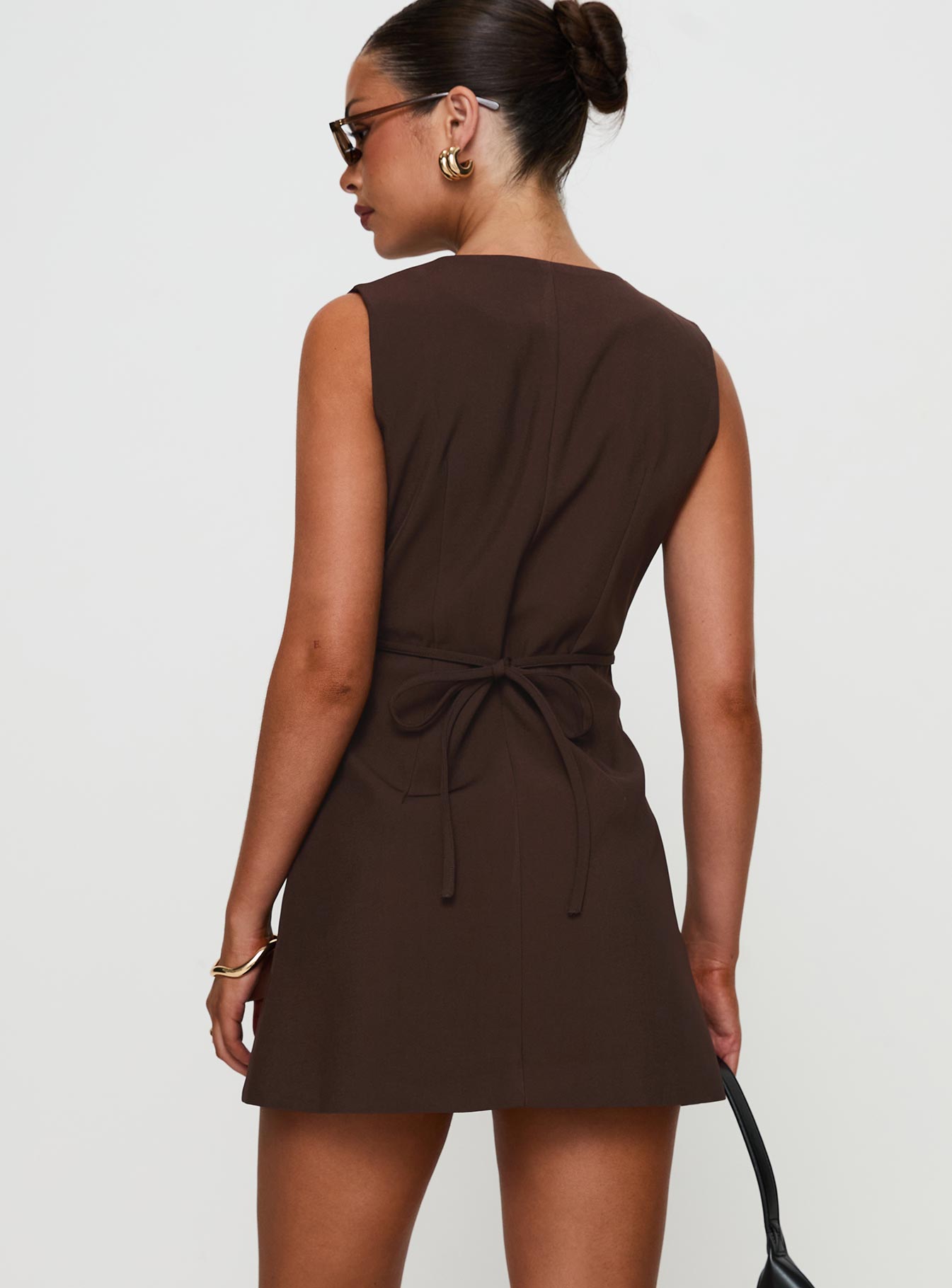 back view of model wearing Princess Polly Laire Mini Dress Chocolate V-Neck 