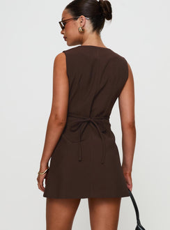 back view of model wearing Princess Polly Laire Mini Dress Chocolate V-Neck 