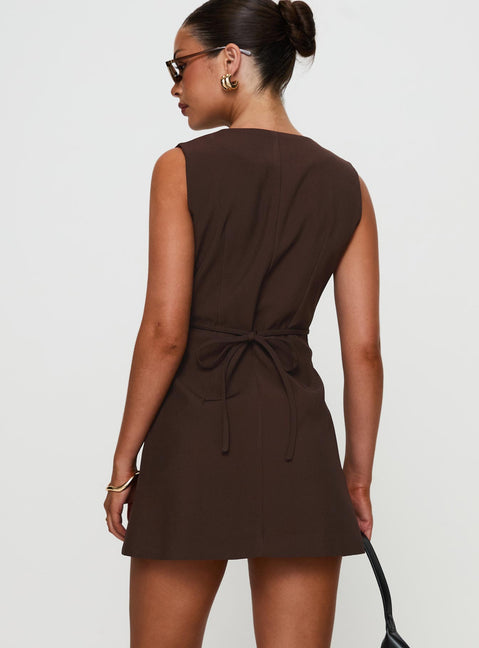 back view of model wearing Princess Polly Laire Mini Dress Chocolate V-Neck 