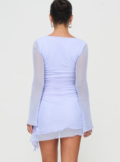 Long sleeve mini dress Mesh material, sweetheart neckline, ruching detail, asymmetric hem Good stretch, fully lined, sheer sleeves Princess Polly Lower Impact 