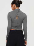 Long sleeve top Slim fitting, high neck with twist detail, keyhole cut out at back, square neckline cut out, invisible zip fastening at sides