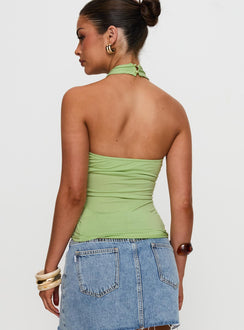 back view of model wearing Princess Polly Quell Top Green Sleeveless High Neck 
