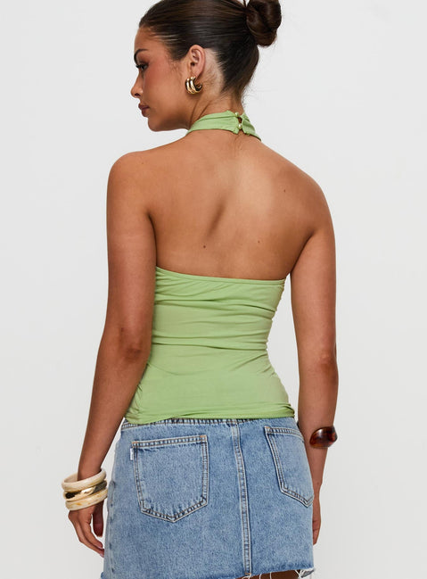 back view of model wearing Princess Polly Quell Top Green Sleeveless High Neck 