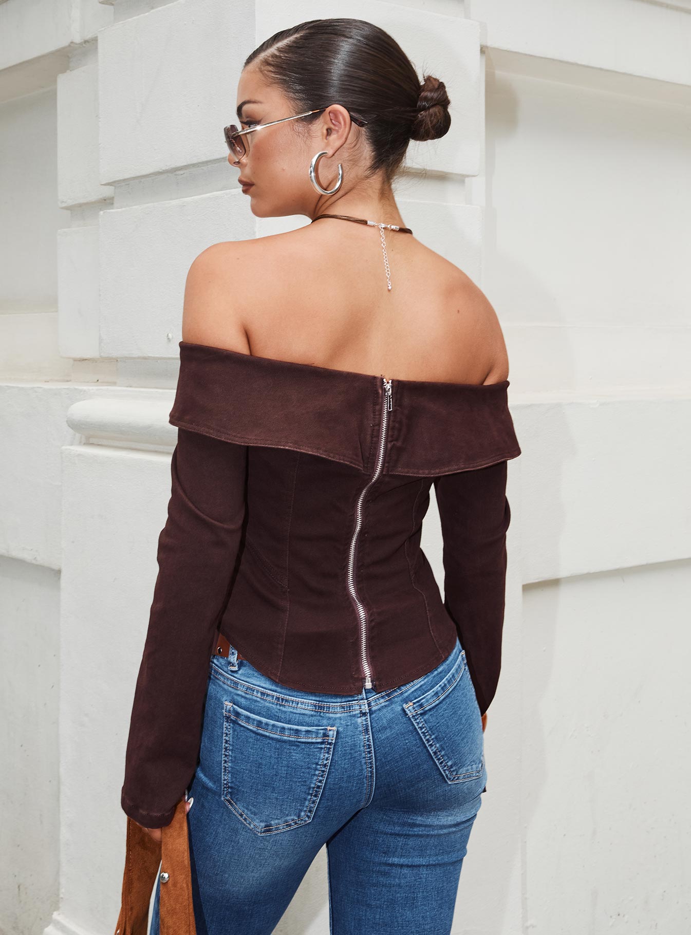 Everwood Off Shoulder Top Chocolate Denim