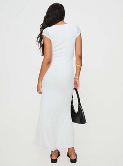 White Maxi dress Scooped neckline, keyhole cut out at bust, hook & eye fastening, high leg slit