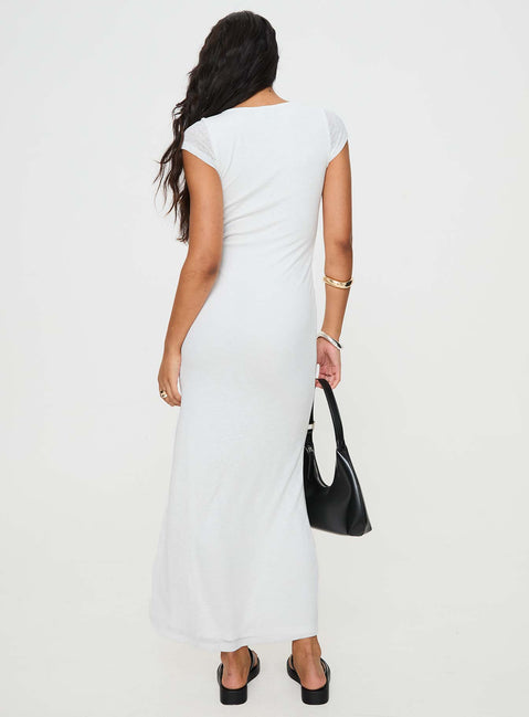 White Maxi dress Scooped neckline, keyhole cut out at bust, hook & eye fastening, high leg slit