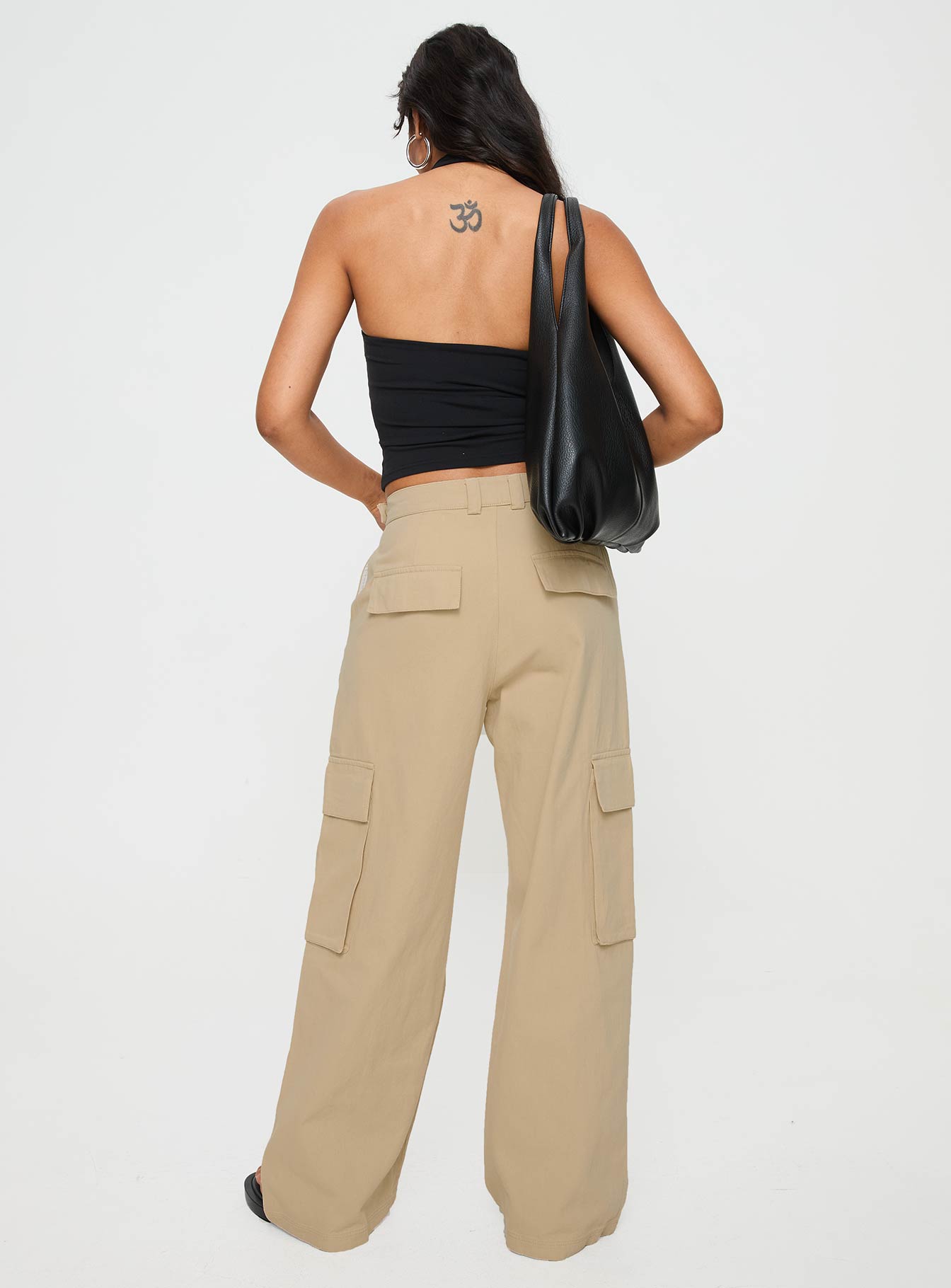 Beige cargo pants Mid rise fit, wide leg, zip pocket design