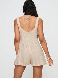 Beige Romper Fixed shoulder straps, v-neckline, faux button detailing, invisible zip fastening at back