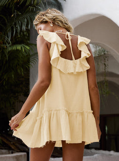 back view of model wearing Princess Polly Alicen Frill Mini Dress Yellow Square Neck 