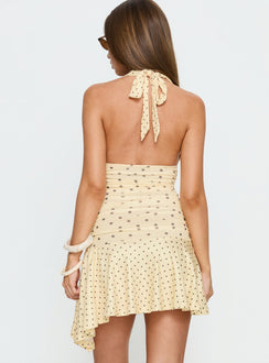 Mariellen Halter Mini Dress Yellow Polka Dot