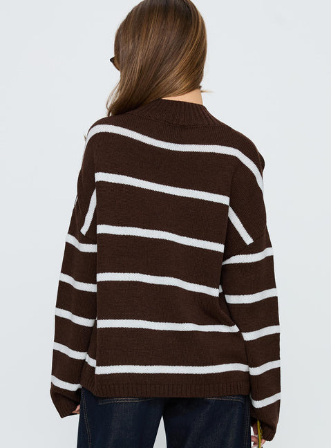 Alara Mock Neck Knit Sweater Brown Stripe
