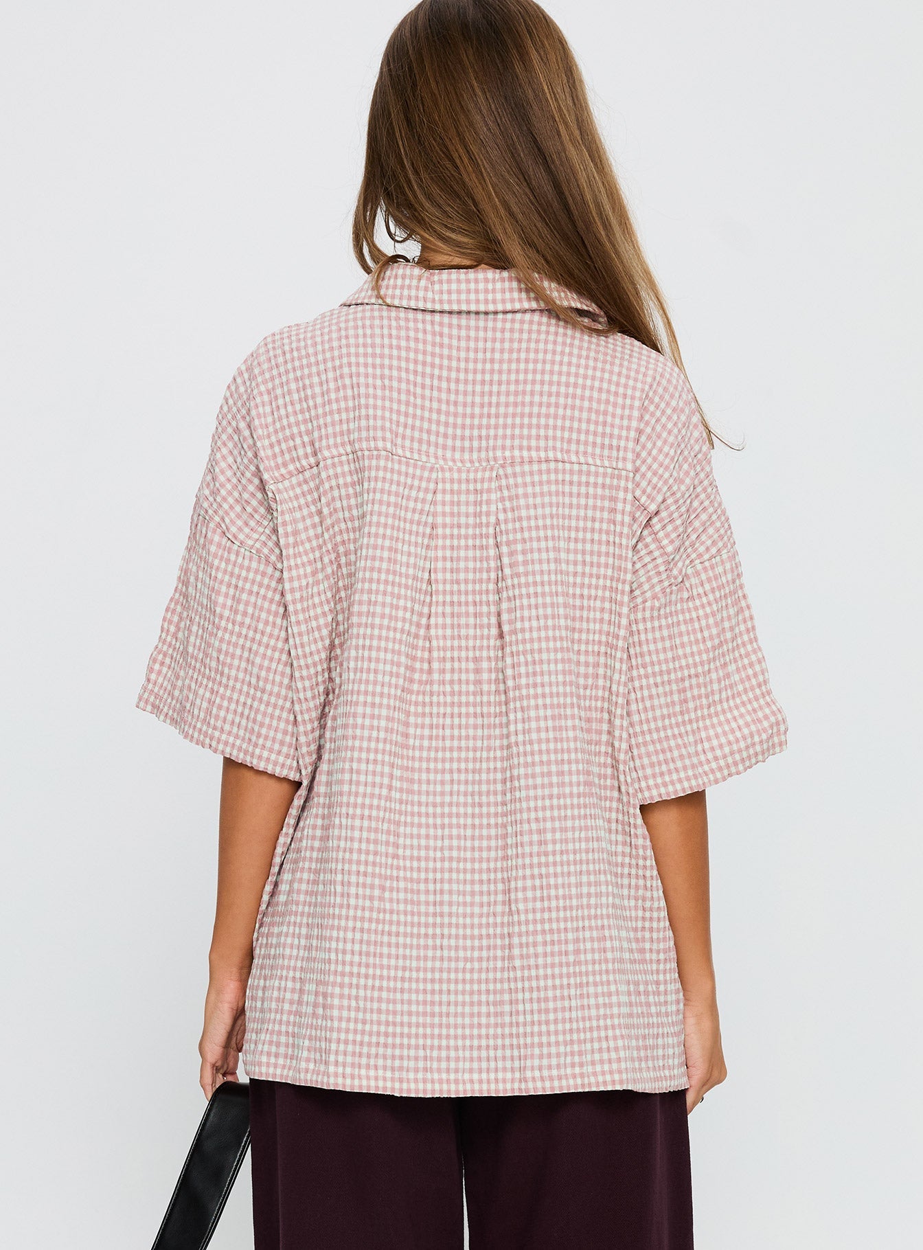 Soft Side Oversized Button Up Top Pink Check