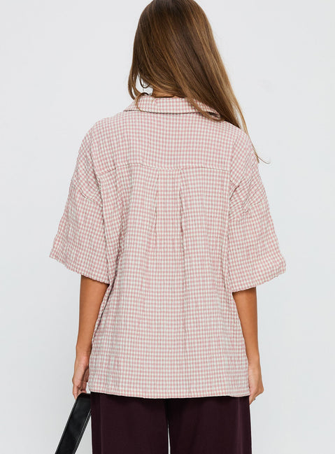 Soft Side Oversized Button Up Top Pink Check