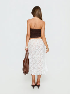 back view of model wearing Princess Polly Toscani Lace Frill Midi Skirt White Midi Skirts Skirts 
