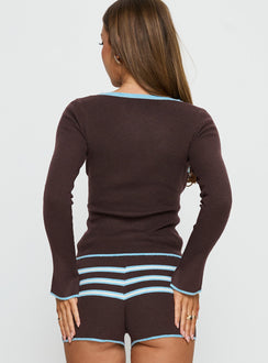 back view of model wearing Princess Polly Beverlea Button Down Knit Cardigan Brown / Blue Stripe 