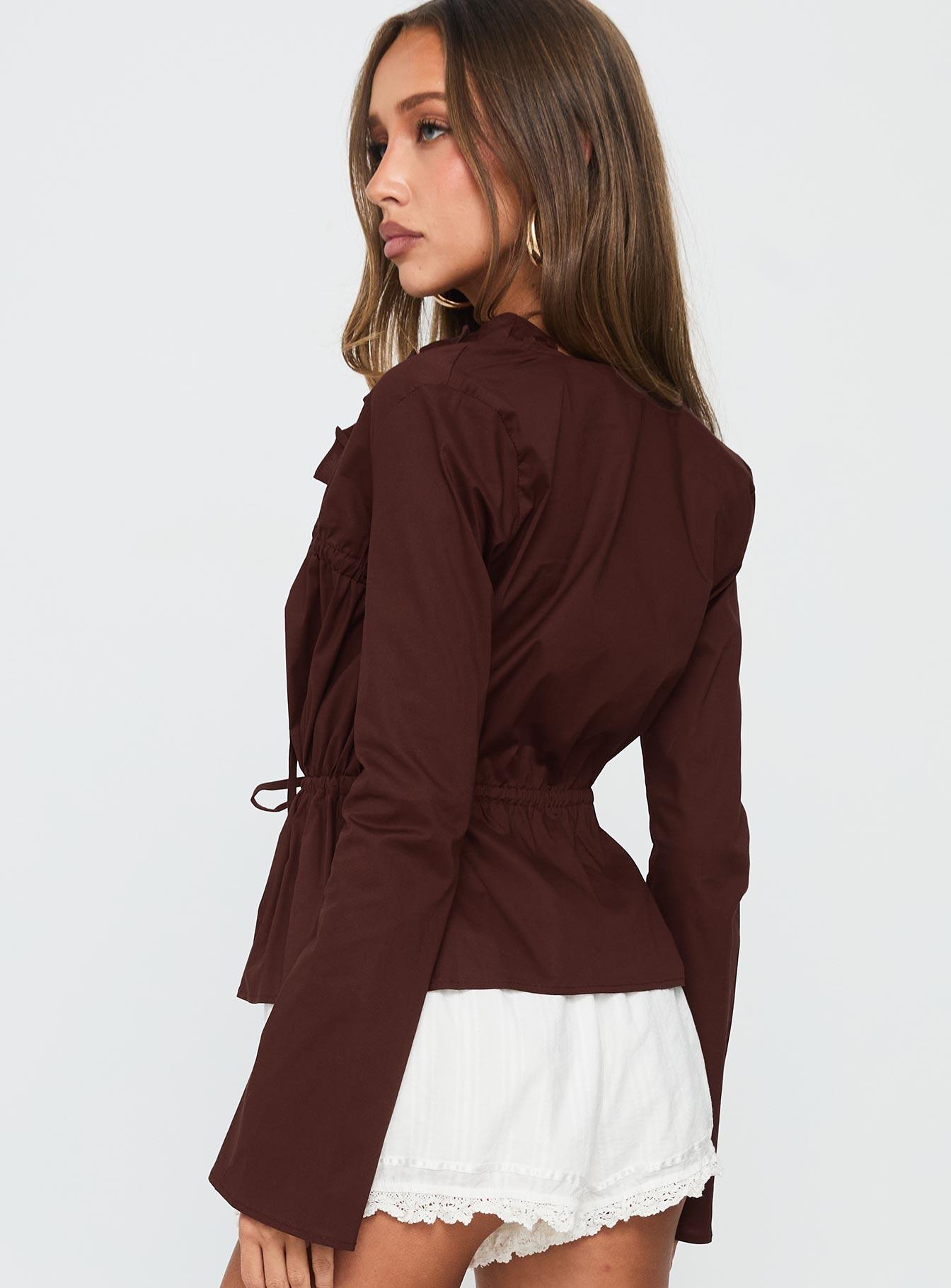 Harloe Ruched Tie Up Long Sleeve Top Chocolate