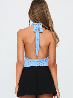back view of model wearing Princess Polly Mallary Halter Bodysuit Blue Polka Sleeveless 
