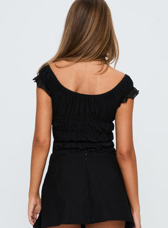 back view of model wearing Princess Polly Ahead Of Myself Off Shoulder Bodysuit Black Short Sleeves 